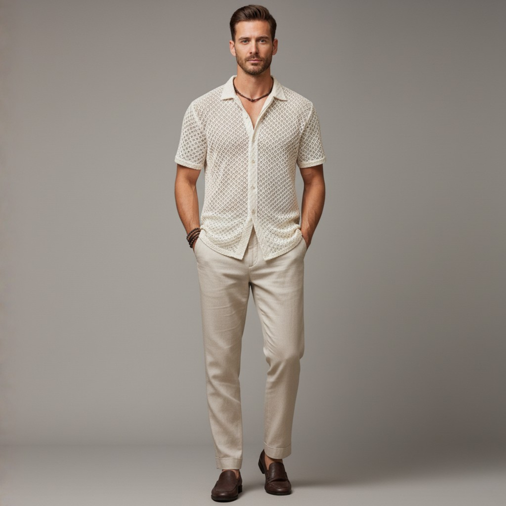 Seaside Linen-Mesh Camp Shirt