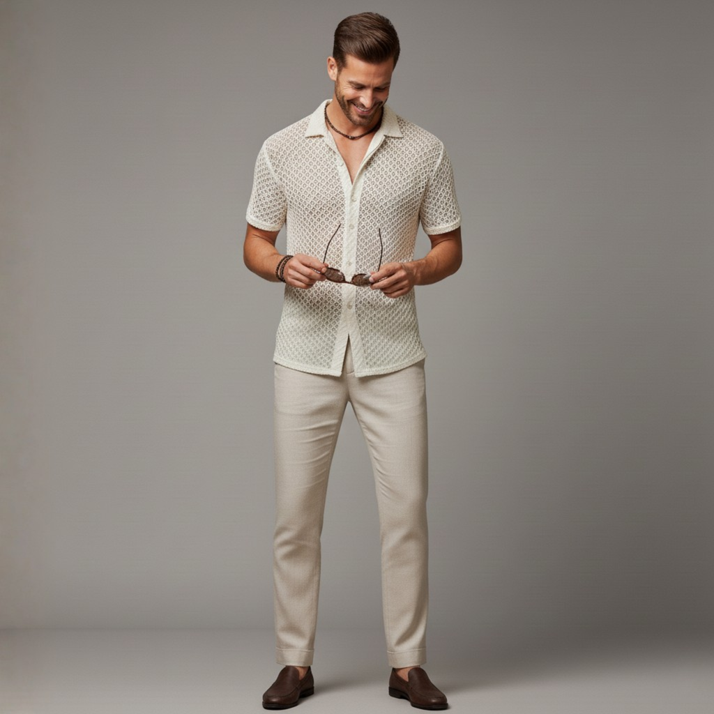 Seaside Linen-Mesh Camp Shirt